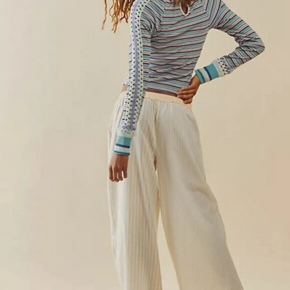 Free People Sunny Day Cuff Striped Printed Crochet Fitted Top XL - Picture 2 of 7